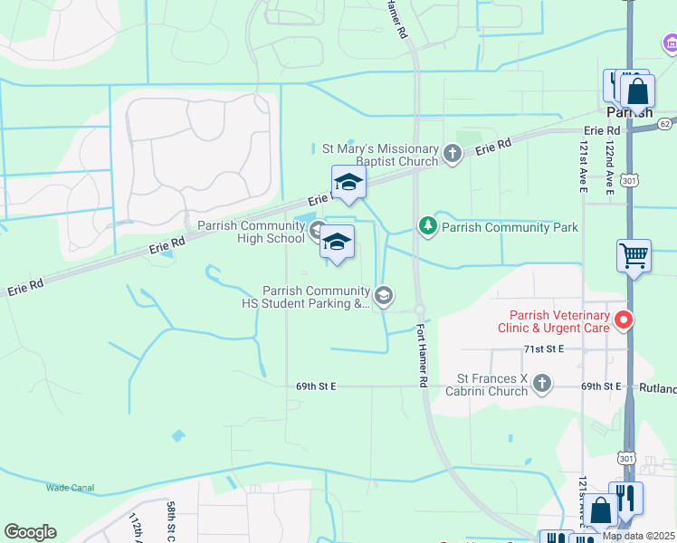 map of restaurants, bars, coffee shops, grocery stores, and more near 3404 Fort Hamer Road in Parrish