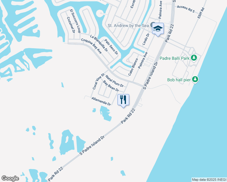 map of restaurants, bars, coffee shops, grocery stores, and more near 16102 Seagrape Street in Corpus Christi