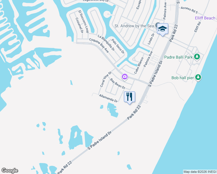 map of restaurants, bars, coffee shops, grocery stores, and more near 16121 Jessamine Street in Corpus Christi