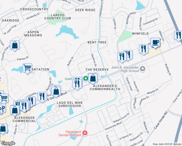 map of restaurants, bars, coffee shops, grocery stores, and more near in Laredo