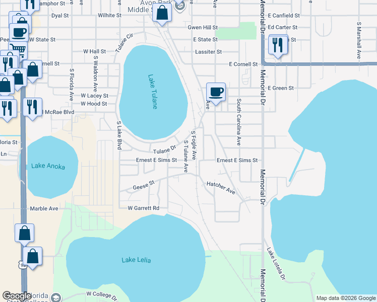 map of restaurants, bars, coffee shops, grocery stores, and more near 1309 South Tulane Avenue in Avon Park