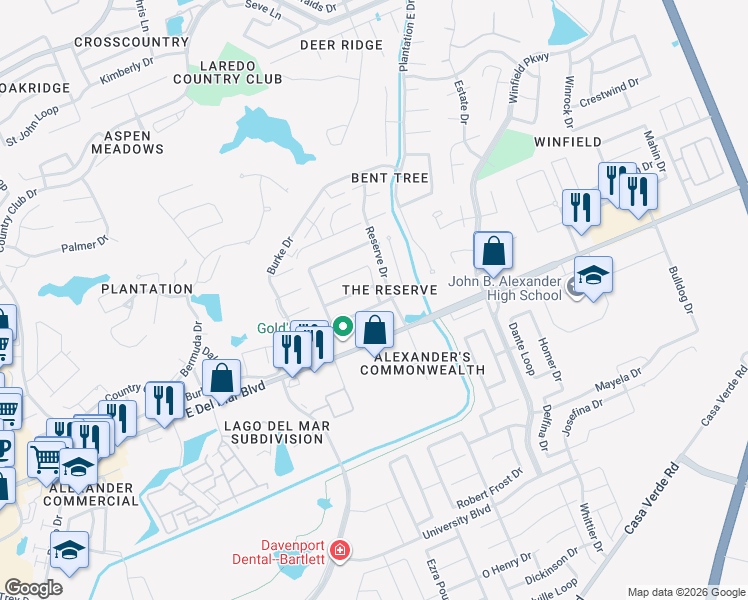 map of restaurants, bars, coffee shops, grocery stores, and more near 2675 Vineyard Loop in Laredo
