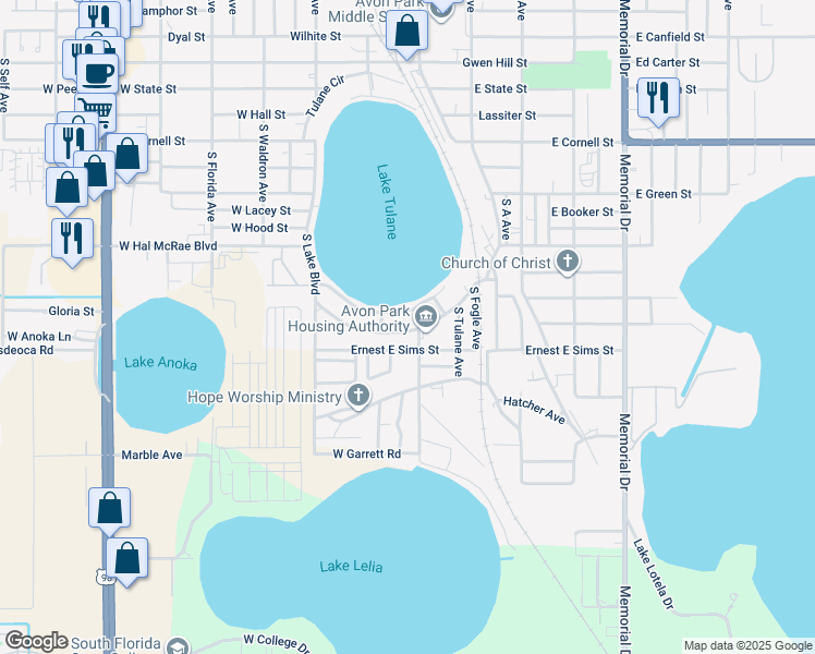 map of restaurants, bars, coffee shops, grocery stores, and more near 232 Tulane Drive in Avon Park