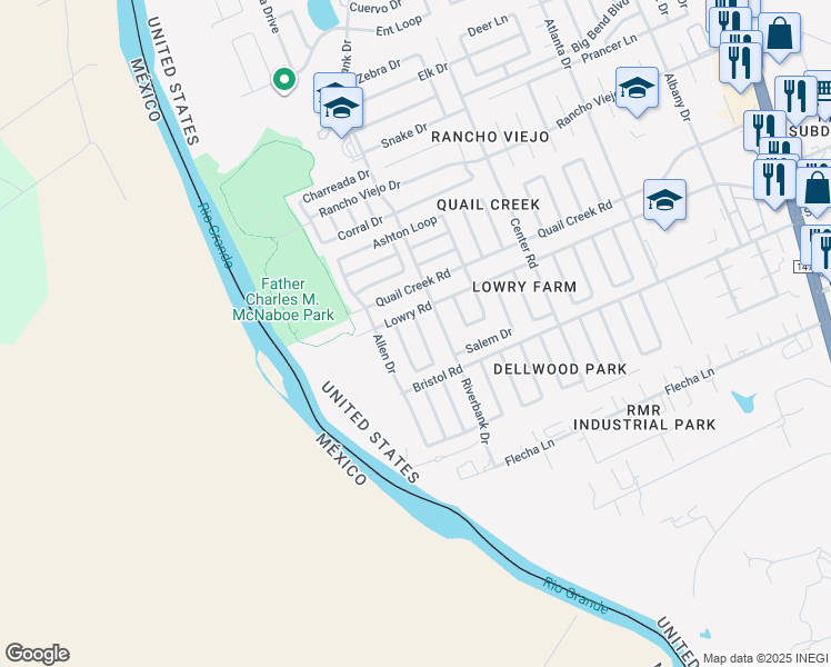 map of restaurants, bars, coffee shops, grocery stores, and more near 163 Lynn Loop in Laredo