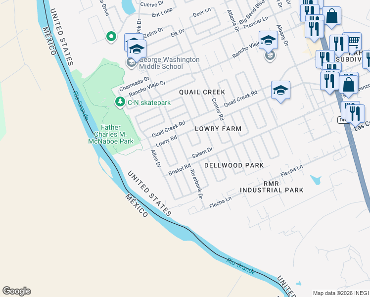 map of restaurants, bars, coffee shops, grocery stores, and more near 209 Riverbank Drive in Laredo