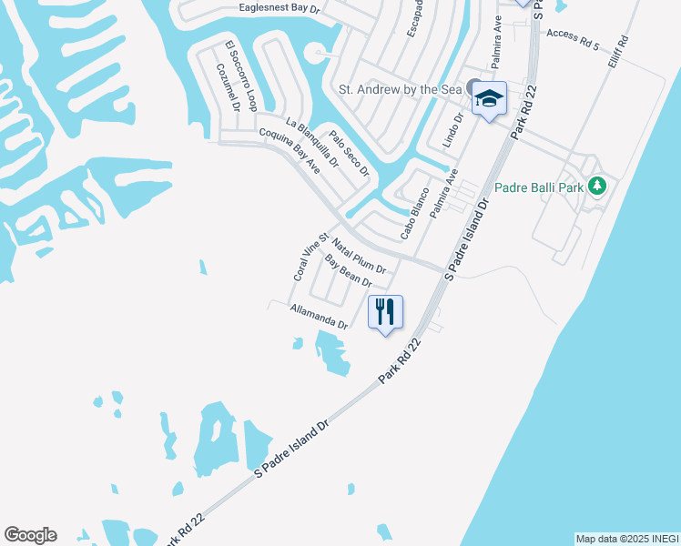 map of restaurants, bars, coffee shops, grocery stores, and more near 16102 Seagrape Street in Corpus Christi