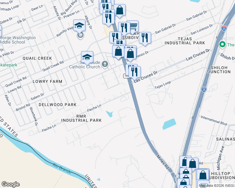 map of restaurants, bars, coffee shops, grocery stores, and more near 107 Flecha Lane in Laredo
