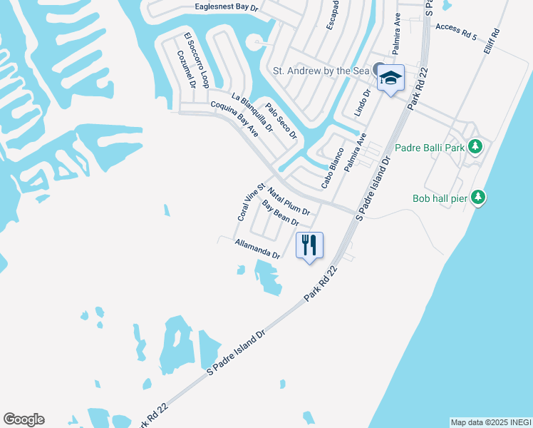 map of restaurants, bars, coffee shops, grocery stores, and more near 16102 Seagrape Street in Corpus Christi