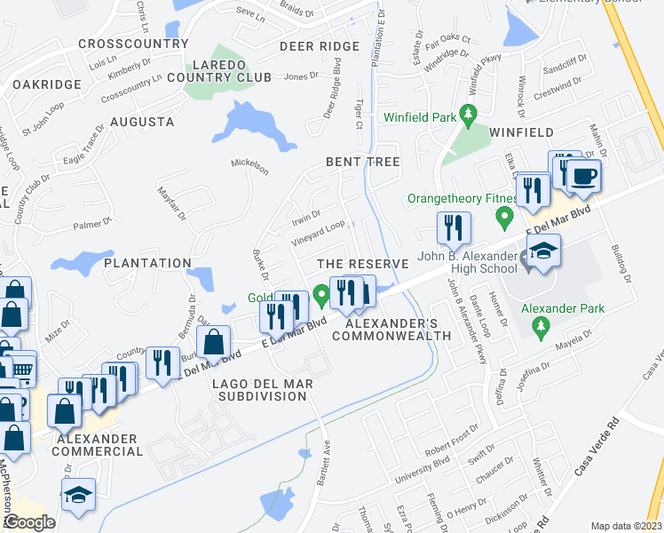 map of restaurants, bars, coffee shops, grocery stores, and more near 2616 Chardonnay Drive in Laredo