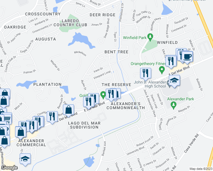 map of restaurants, bars, coffee shops, grocery stores, and more near Chardonnay Drive in Laredo