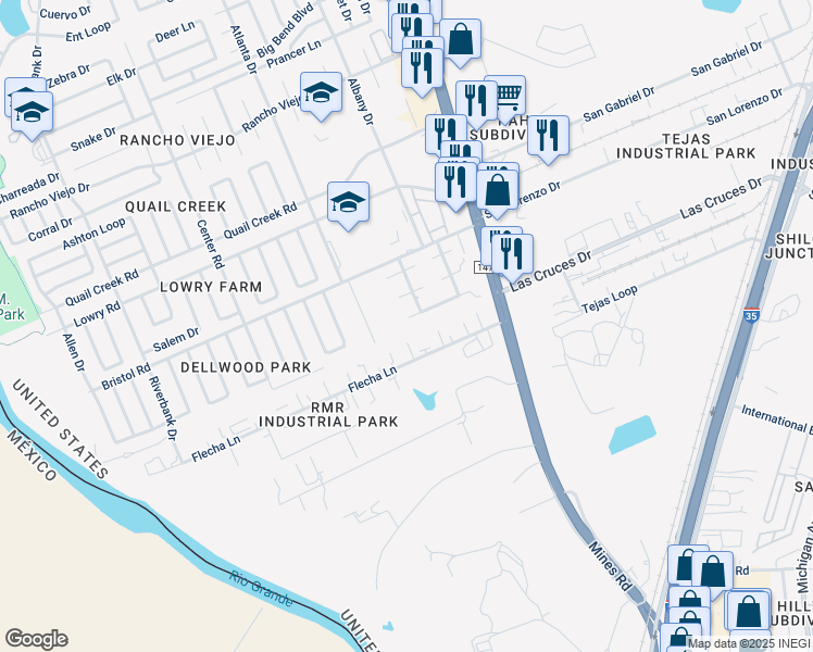 map of restaurants, bars, coffee shops, grocery stores, and more near 534 Norwich Loop in Laredo