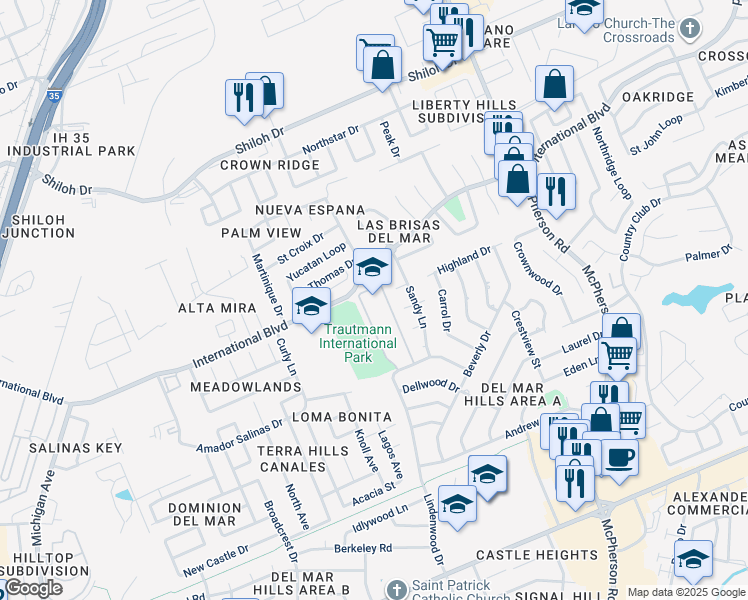 map of restaurants, bars, coffee shops, grocery stores, and more near 810 Lindenwood Drive in Laredo
