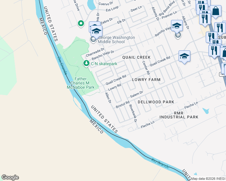 map of restaurants, bars, coffee shops, grocery stores, and more near 163 Lynn Loop in Laredo