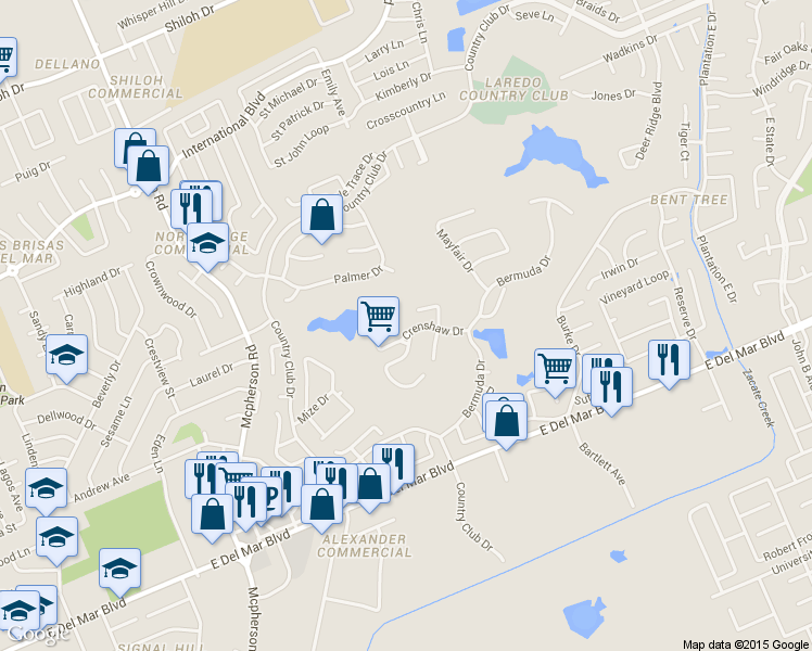 map of restaurants, bars, coffee shops, grocery stores, and more near 121 Crenshaw Dr in Laredo