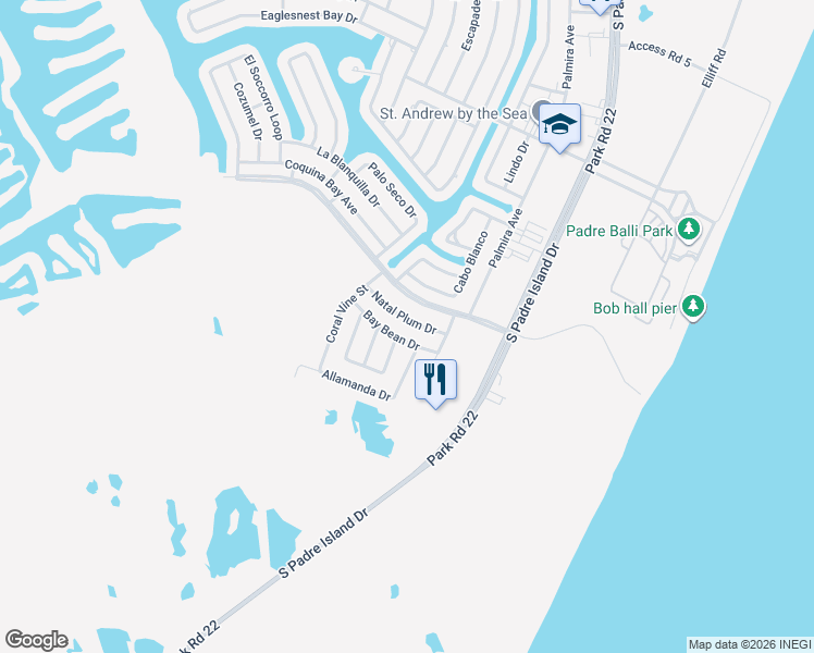 map of restaurants, bars, coffee shops, grocery stores, and more near 14261 Natal Plum Drive in Corpus Christi