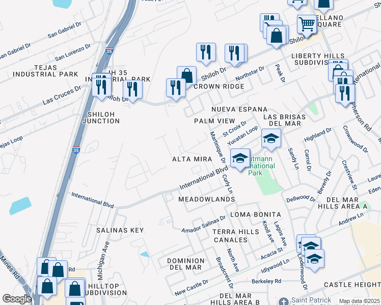 map of restaurants, bars, coffee shops, grocery stores, and more near 8512 Alta Mira Drive in Laredo