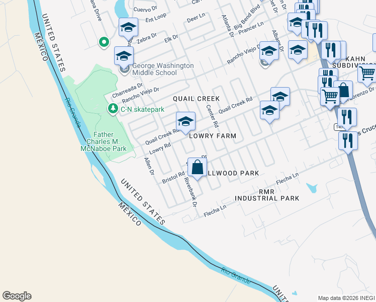 map of restaurants, bars, coffee shops, grocery stores, and more near 209 Riverbank Drive in Laredo