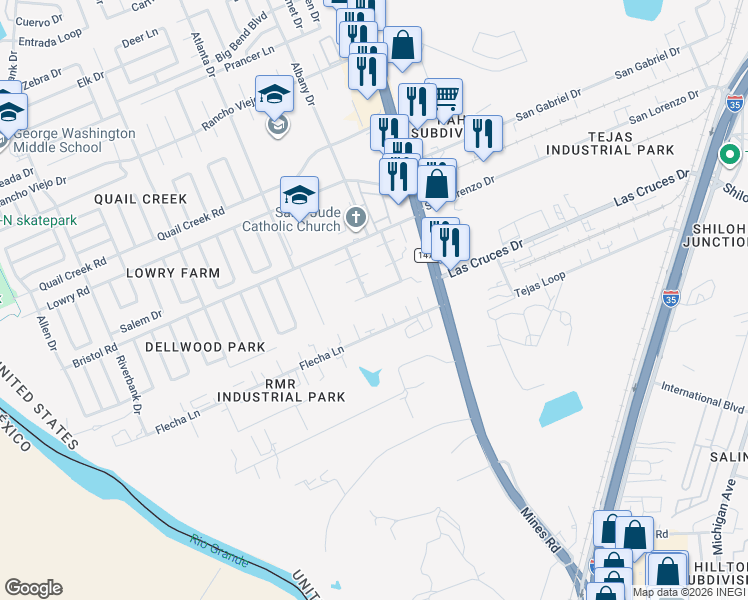 map of restaurants, bars, coffee shops, grocery stores, and more near 107 Flecha Lane in Laredo