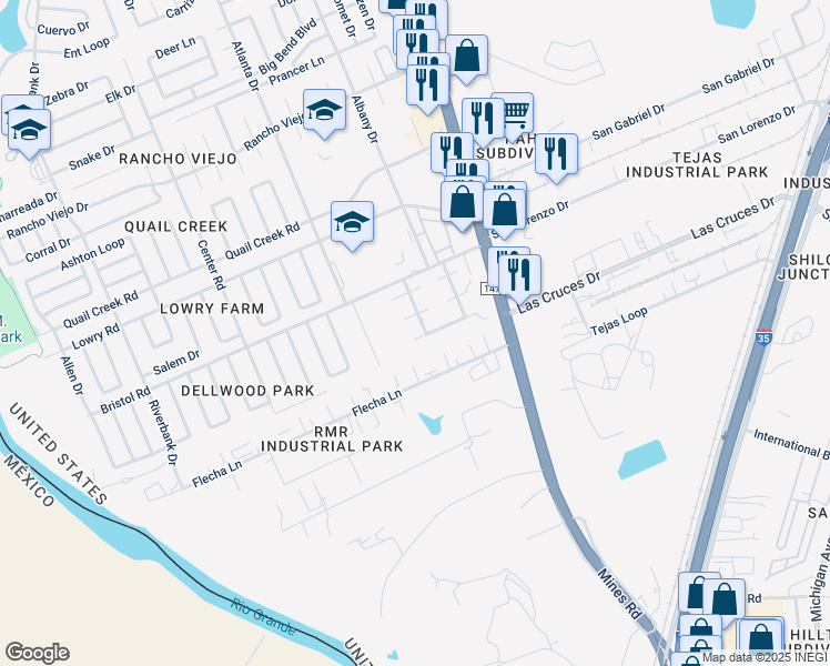map of restaurants, bars, coffee shops, grocery stores, and more near 534 Norwich Loop in Laredo