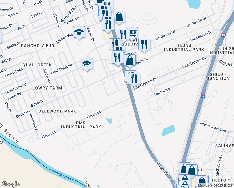 map of restaurants, bars, coffee shops, grocery stores, and more near 404 West Croydon Place in Laredo
