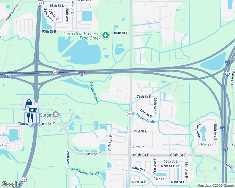 map of restaurants, bars, coffee shops, grocery stores, and more near 3420 77 Court East in Palmetto