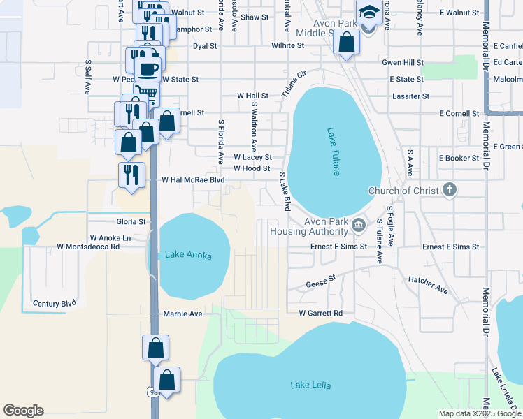 map of restaurants, bars, coffee shops, grocery stores, and more near 1016 West Hal McRae Boulevard in Avon Park
