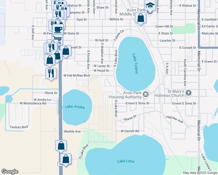 map of restaurants, bars, coffee shops, grocery stores, and more near 1033 West Hal McRae Boulevard in Avon Park