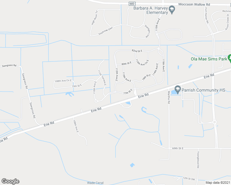 map of restaurants, bars, coffee shops, grocery stores, and more near 11203 77th Street East in Parrish