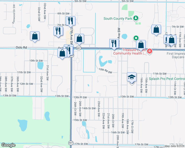 map of restaurants, bars, coffee shops, grocery stores, and more near 2549 12th Square Southwest in Vero Beach