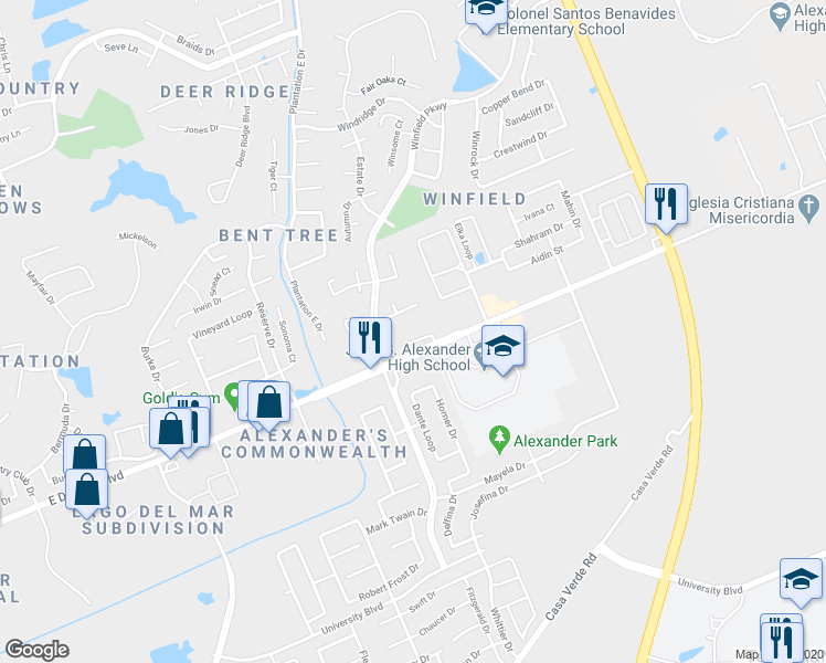 map of restaurants, bars, coffee shops, grocery stores, and more near 3402 East Del Mar Boulevard in Laredo