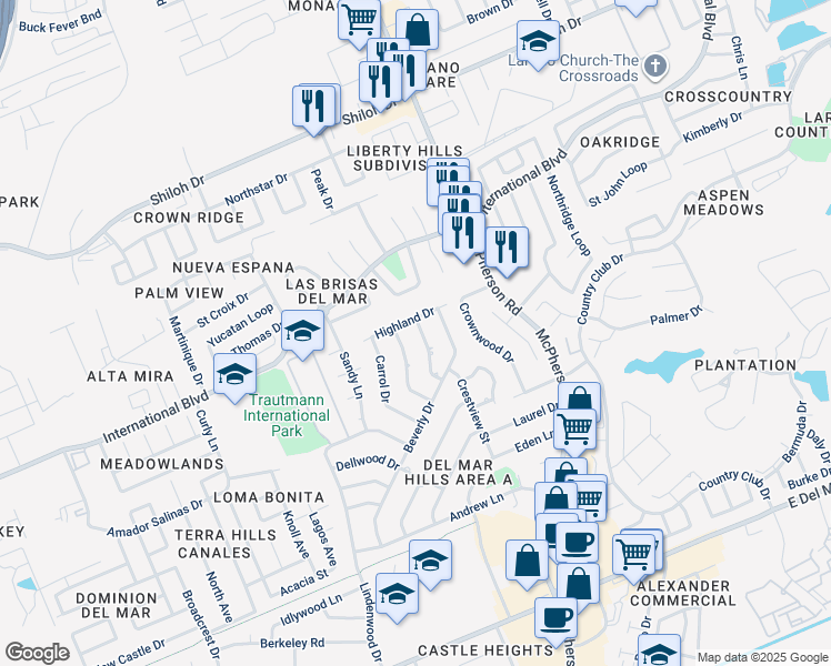 map of restaurants, bars, coffee shops, grocery stores, and more near 905 Preston Drive in Laredo