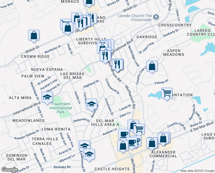 map of restaurants, bars, coffee shops, grocery stores, and more near 8506 Crownwood Drive in Laredo