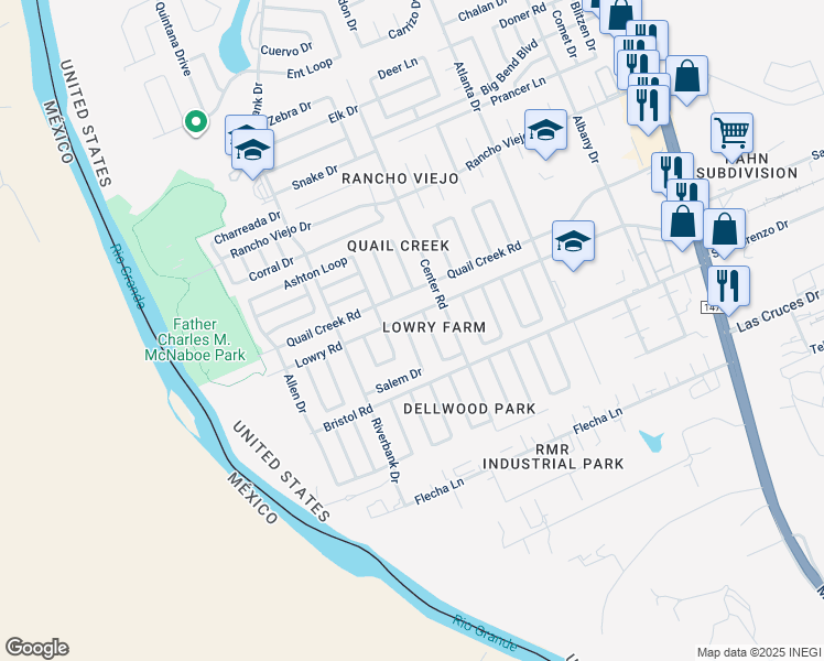 map of restaurants, bars, coffee shops, grocery stores, and more near 145 Salem Drive in Laredo