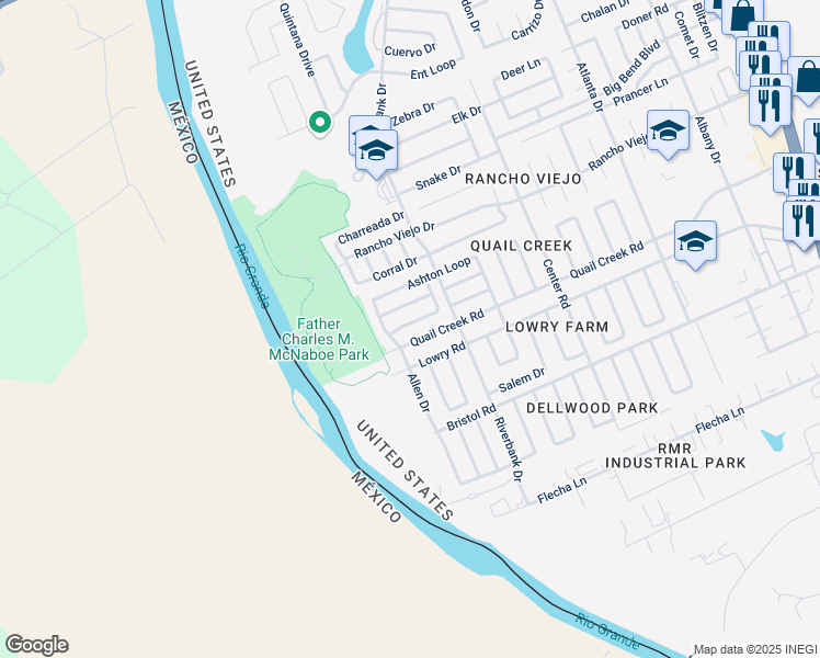 map of restaurants, bars, coffee shops, grocery stores, and more near 9539 Canvasback Drive in Laredo