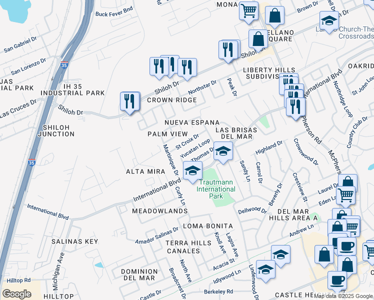 map of restaurants, bars, coffee shops, grocery stores, and more near 412 Yucatan Loop in Laredo