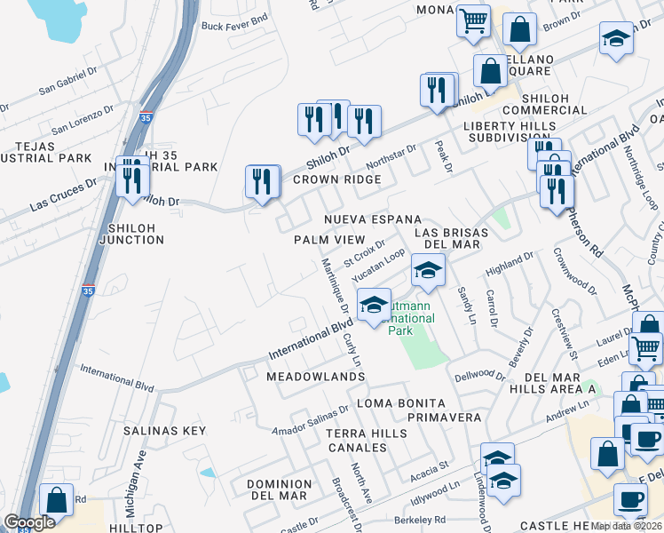 map of restaurants, bars, coffee shops, grocery stores, and more near 402 Saint Croix Drive in Laredo