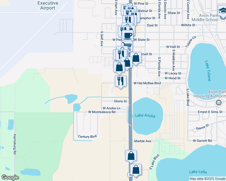 map of restaurants, bars, coffee shops, grocery stores, and more near 3 South Castle Hill Drive in Avon Park