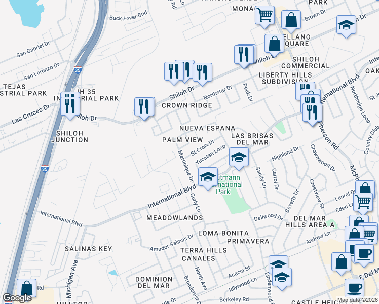 map of restaurants, bars, coffee shops, grocery stores, and more near 402 Saint Croix Drive in Laredo