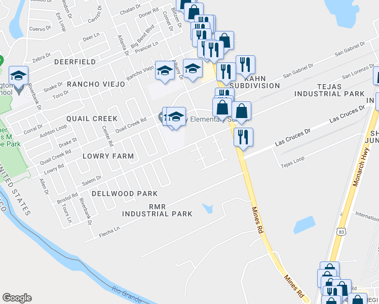 map of restaurants, bars, coffee shops, grocery stores, and more near 911 West Calais Place in Laredo