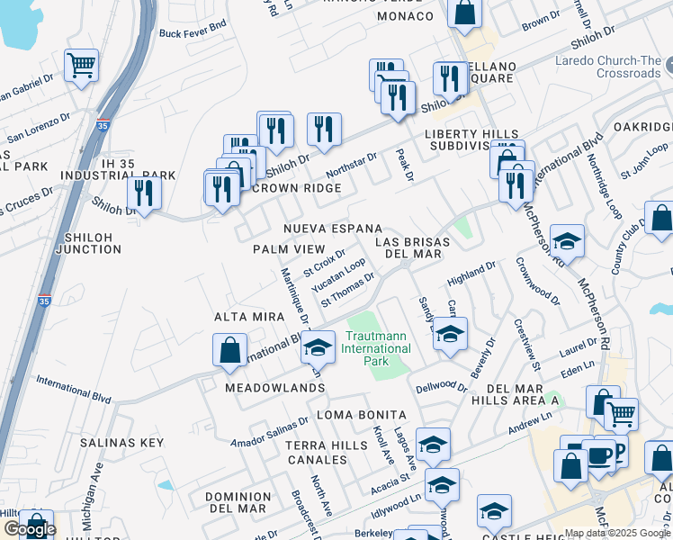 map of restaurants, bars, coffee shops, grocery stores, and more near 412 Yucatan Loop in Laredo