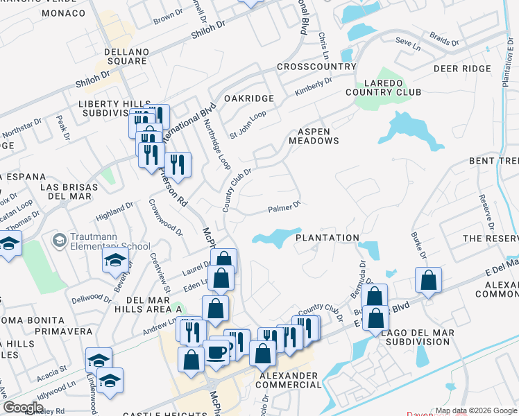 map of restaurants, bars, coffee shops, grocery stores, and more near 1512 Palmer Drive in Laredo