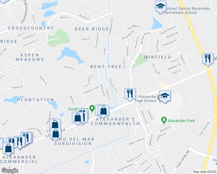 map of restaurants, bars, coffee shops, grocery stores, and more near 7815 Sonoma Court in Laredo