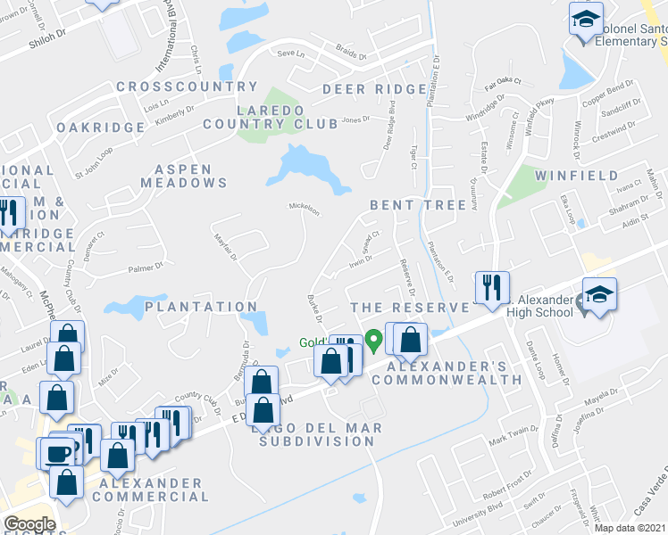 map of restaurants, bars, coffee shops, grocery stores, and more near 2627 Burke Drive in Laredo