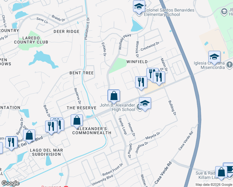 map of restaurants, bars, coffee shops, grocery stores, and more near 3109 Persimmon Court in Laredo