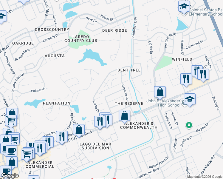 map of restaurants, bars, coffee shops, grocery stores, and more near 2613 Vineyard Loop in Laredo
