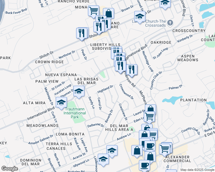 map of restaurants, bars, coffee shops, grocery stores, and more near 905 Preston Drive in Laredo