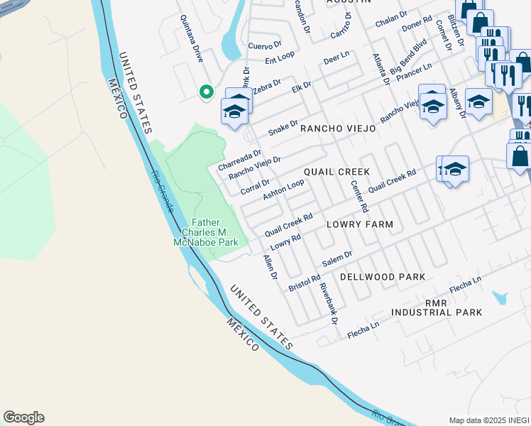 map of restaurants, bars, coffee shops, grocery stores, and more near 9539 Canvasback Drive in Laredo