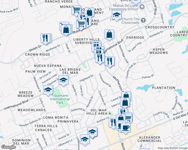 map of restaurants, bars, coffee shops, grocery stores, and more near 1429 Highland Drive in Laredo