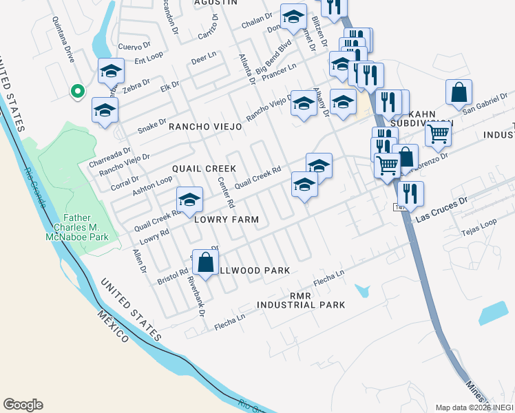 map of restaurants, bars, coffee shops, grocery stores, and more near 1816 Lowry Road in Laredo