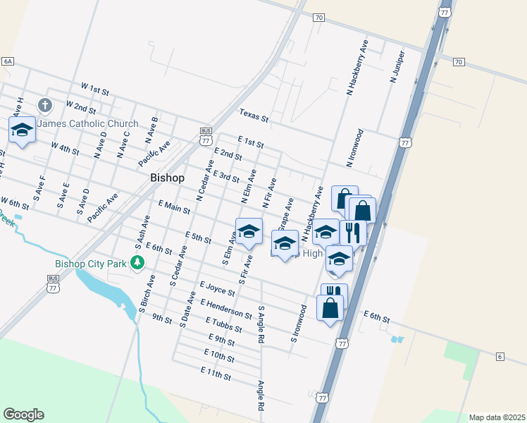 map of restaurants, bars, coffee shops, grocery stores, and more near 200 North Fir Avenue in Bishop